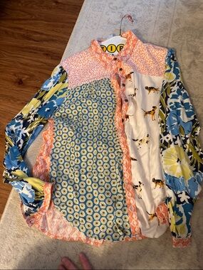 MaevePatchwork Floral & Dog Print Button-Up Blouse - Multicolor